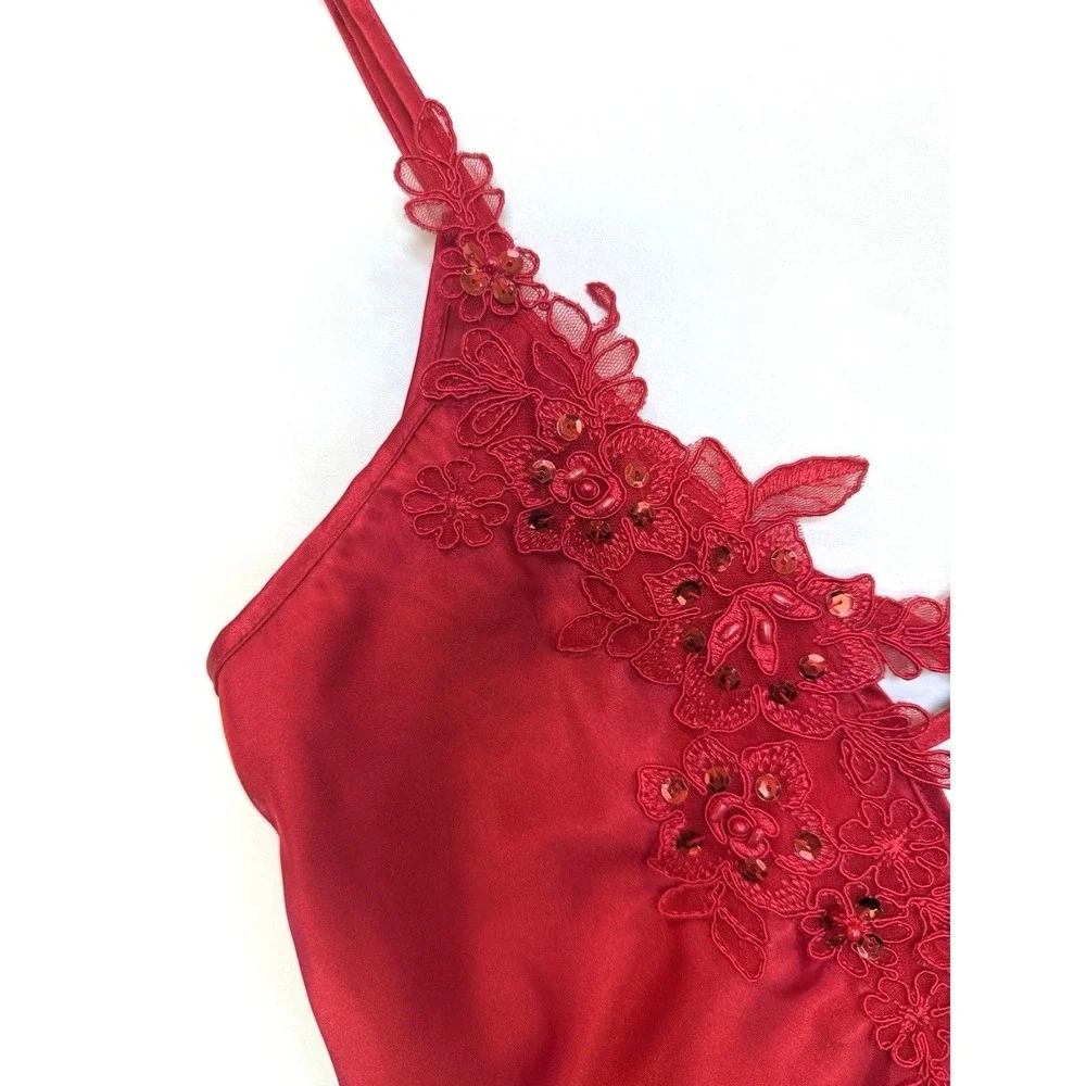 Vintage 90s Shirley Hollywood Satin‎ Lace Mini Cami Slip Dress Size M Red Sheer